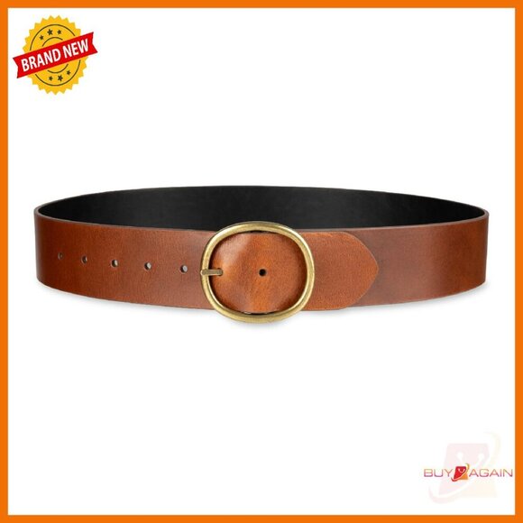 Wide Reversible Leather Belt with Circle Buckle for Dresses & Blazers